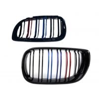 Καρδιές Μάσκας Για Bmw 3 E46 02-05 Sedan/Touring M4 Look Με Διπλή Γρίλια Tri-Color Μαύρο Γυαλιστερό 2 Τεμάχια