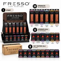 Fresso - Στάντ με Αρωματικά Αυτοκινήτου Πλήρες με 30 Κρεμαστά, 12 Αρώματα 50ml, Σετ 9 Testers 50ml και Ξύλινο Εκθετήριο - 52 Τεμ. (FRE1022/FRE-PROMO-SET)