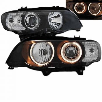Μπροστινά Φανάρια Set Για Bmw X5 E53 99-03 Angel Eyes Μαύρα Xenon D2S/H7 Με Μοτέρ Depo