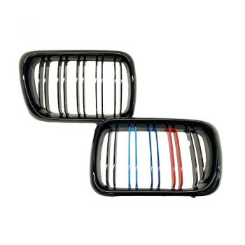 Καρδιές Μάσκας Για Bmw 3 E36 96-99 M4 Look Με Διπλή Γρίλια Tri-color / Μαύρο Γυαλιστερό 2 Τεμάχια
