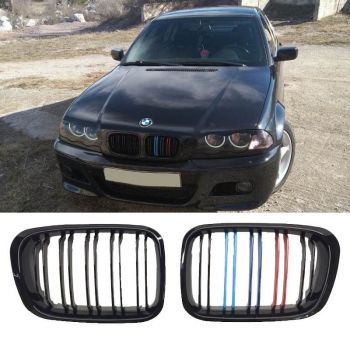 Καρδιές Μάσκας Για Bmw 3 E46 99-01 Sedan/Touring/Compact M4 Look Με Διπλή Γρίλια Tri-color / Μαύρο Γυαλιστερό 2 Τεμάχια