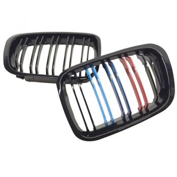Καρδιές Μάσκας Για Bmw 3 E46 99-01 Sedan/Touring/Compact M4 Look Με Διπλή Γρίλια Tri-color / Μαύρο Γυαλιστερό 2 Τεμάχια