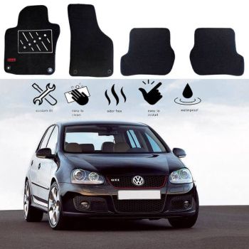 Πατάκια Αυτοκινήτου Μοκέτα Για Vw Golf 5 & 6 Με Μονό Κέντημα Gti Μαύρη Με Μαύρο Ρέλι 4 Τεμάχια