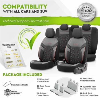 Καλύμματα Αυτοκινήτου Otom Reflective Design Universal Jacquard / Rachel / Δερματίνη Σετ Εμπρός / Πίσω 11 Τεμαχίων Μαύρο Με Κόκκινη Ραφή RFL-2601