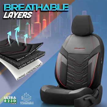 Καλύμματα Αυτοκινήτου Otom Reflective Design Universal Jacquard / Rachel / Δερματίνη Σετ Εμπρός / Πίσω 11 Τεμαχίων Μαύρο Με Κόκκινη Ραφή RFL-2601