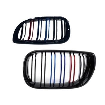 Καρδιές Μάσκας Για Bmw 3 E46 02-05 Sedan/Touring M4 Look Με Διπλή Γρίλια Tri-Color Μαύρο Γυαλιστερό 2 Τεμάχια