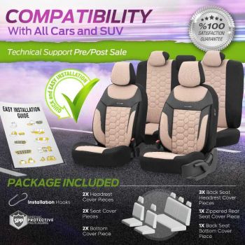 Καλύμματα Αυτοκινήτου Carbon Design Universal Jacquard / Rachel / Δερματίνη Σετ Εμπρός / Πίσω 11 Τεμαχίων Μπεζ CRB-3403