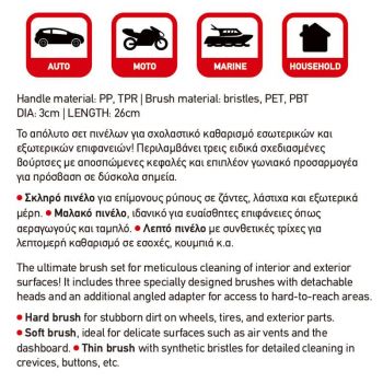 Βούρτσες - Πινέλα Καθαρισμού Detailing Pro Feral Κόκκινα Με Προσαρμογέα Γωνίας Σετ 3 Τεμάχια