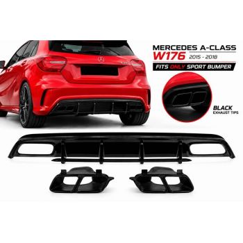 Diffuser Πίσω Προφυλακτήρα Για Mercedes-Benz A-Class W176 15-18 A45 Amg Look Με Μπούκες Μαύρες -00---00